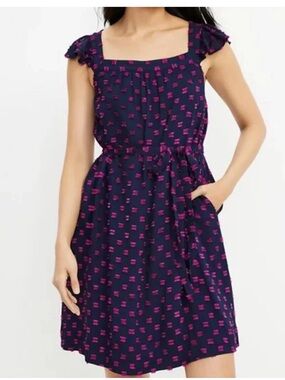 LOFT NWT Flutter Sleeve Belted Navy & Pink Textured Block Dot Dress S